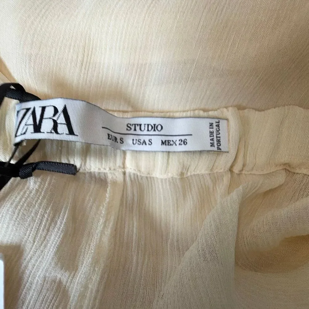 NWT Zara Studio Limited Edition Semi-Sheer Crinkled Wide Leg Pants Ivory Cream S